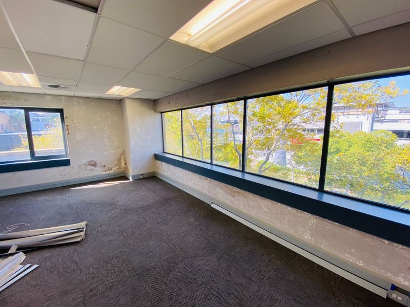 Empty commercial office space featuring large windows with natural light, suspended ceiling, and carpet tiles, requiring cosmetic refurbishment to wall finishes.