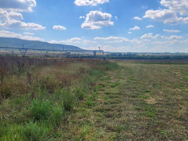 Expansive agricultural land featuring an installed center pivot irrigation system with scenic mountain views in the background.
