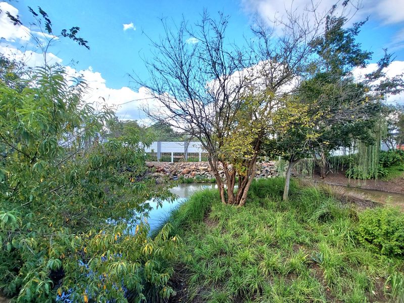 A view of a landscaped garden area featuring a small water feature, mature trees, and a stone retaining wall.