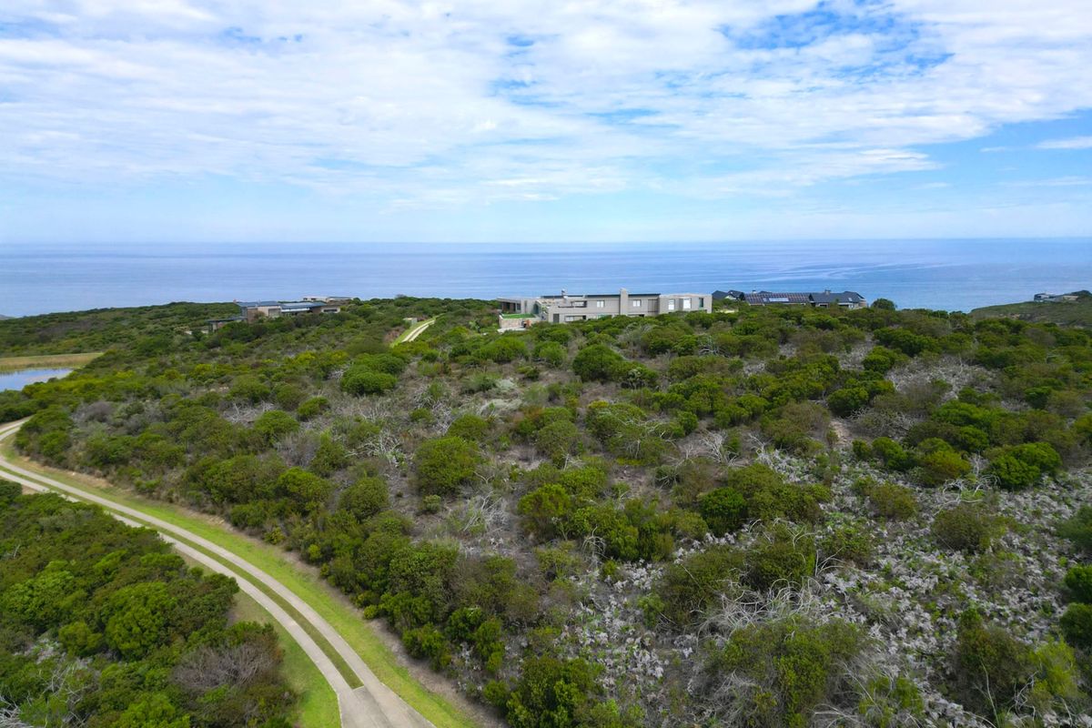 Aerial view of a vacant residential plot featuring natural coastal vegetation, a gravel access road, and expansive ocean views.
