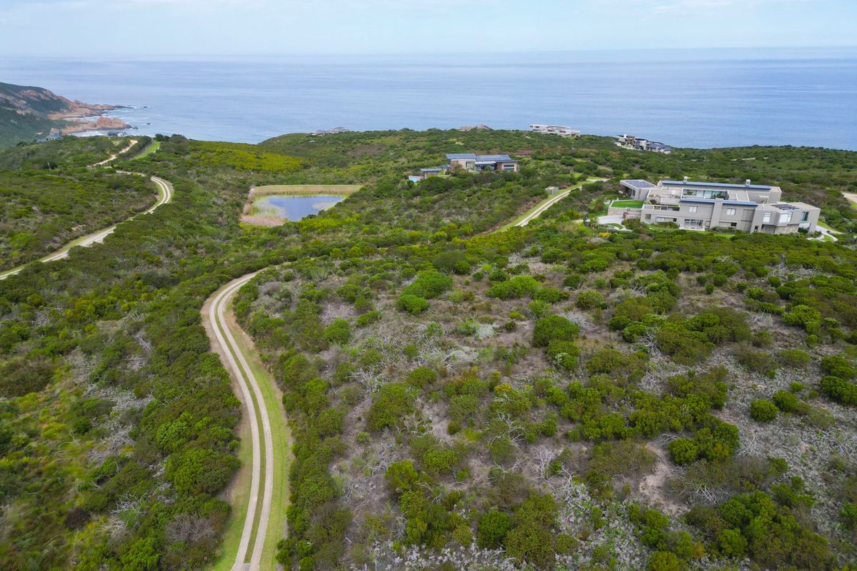 Aerial view of a coastal residential estate featuring natural vegetation, a private access road, and a small dam overlooking the ocean.