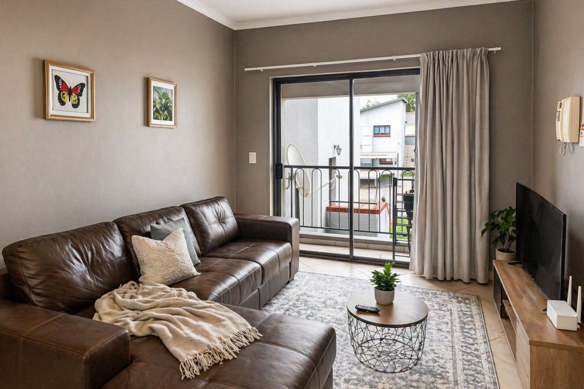 A well-maintained living room featuring tiled flooring and a sliding glass door that opens onto a balcony.