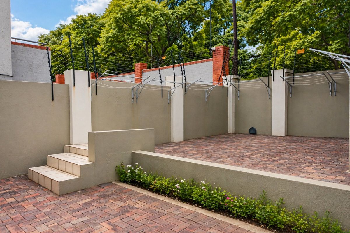 A private rear courtyard featuring paved flooring, a low retaining wall with garden bed, and secure perimeter walling with electric fencing.