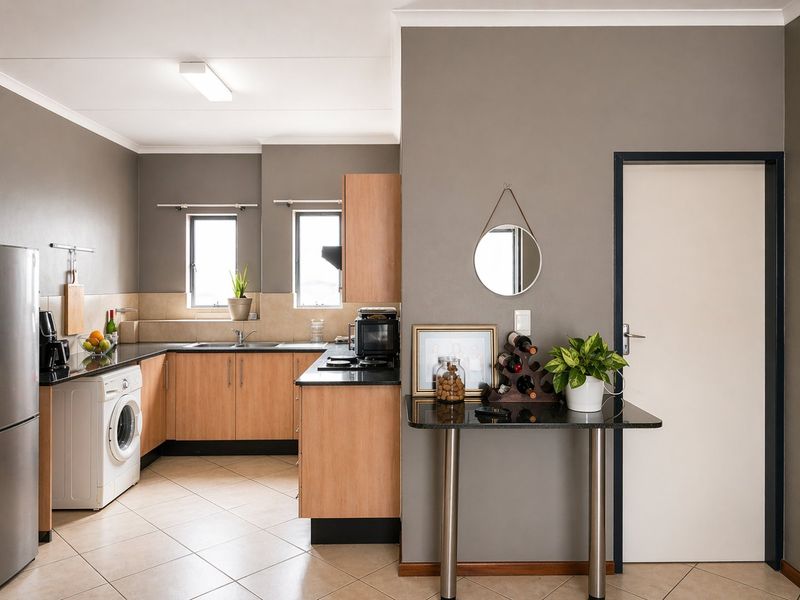 A functional kitchen featuring laminate cabinetry, granite countertops, tiled flooring, and a dedicated space for laundry appliances.