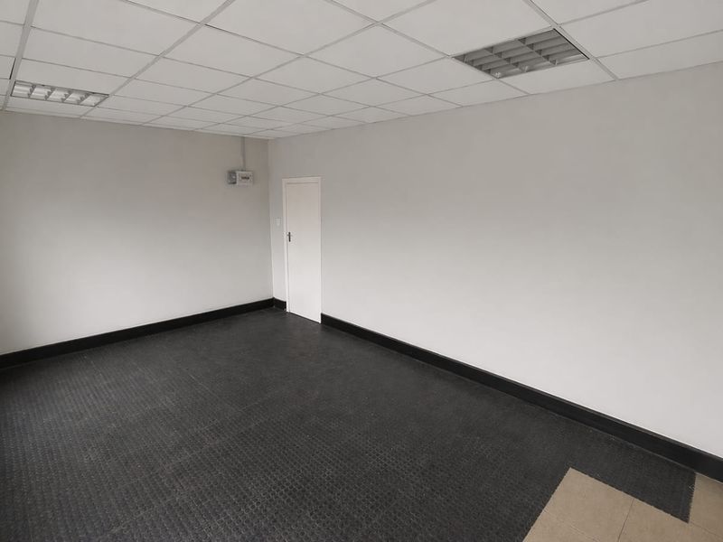 A vacant commercial office space featuring a suspended ceiling, recessed lighting, and dark carpet flooring, suitable for a professional workspace.