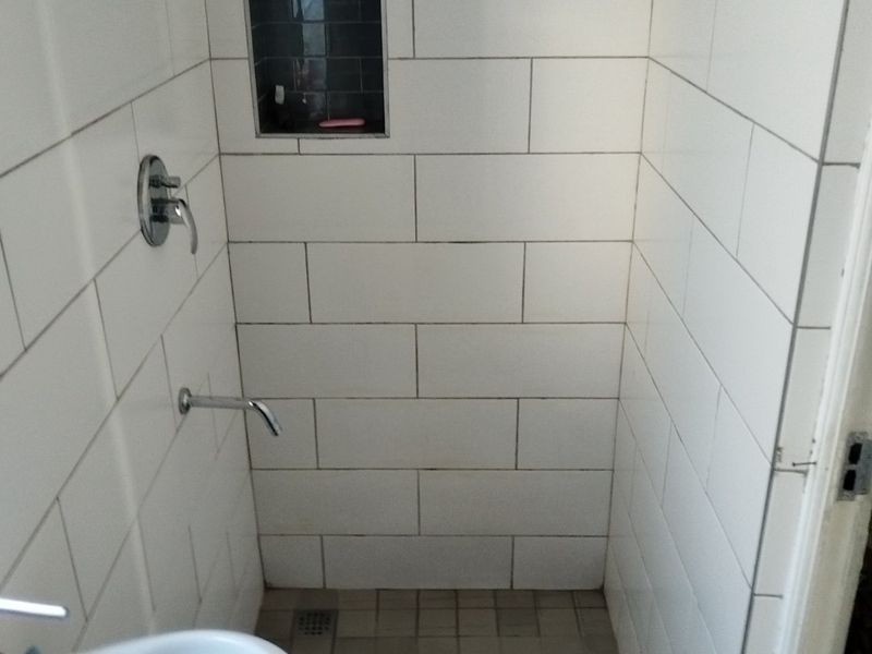 A compact bathroom shower area featuring white subway wall tiles, a built-in recessed niche, and a pedestal basin.