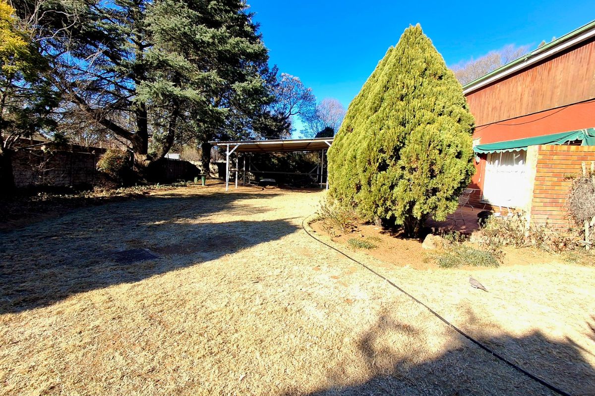 Rear garden area featuring a carport, brick exterior wall, and established trees, providing a functional outdoor space.