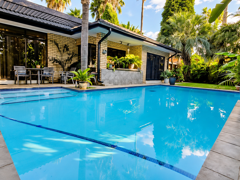 A well-maintained swimming pool area featuring a tiled surround, brick exterior facade, and a covered patio space, set within a lush garden environment.