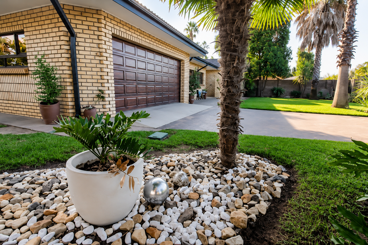 A well-maintained rear exterior view featuring a brick facade, a sectional garage door, a paved driveway, and a landscaped garden area.