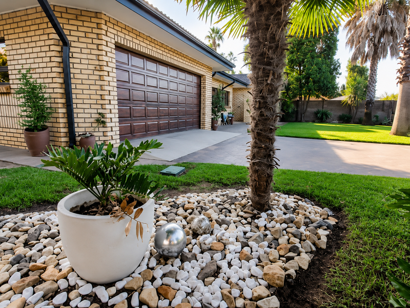 A well-maintained rear exterior view featuring a brick facade, a sectional garage door, a paved driveway, and a landscaped garden area.