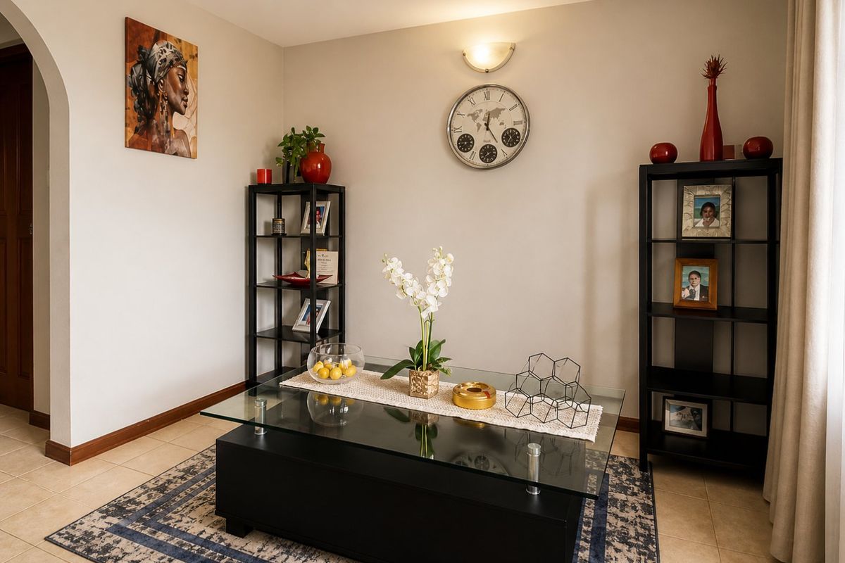 A well-maintained living room area featuring neutral wall tones, tiled flooring, and an arched entryway.