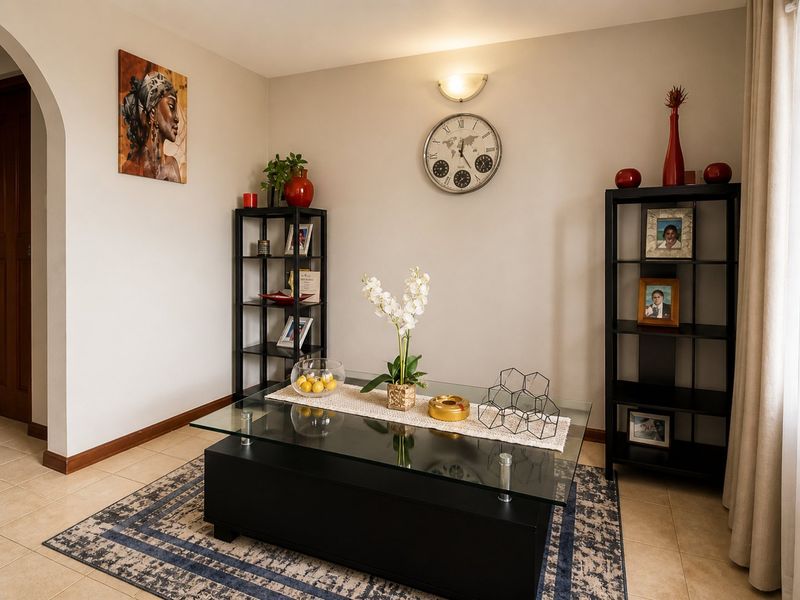 A well-maintained living room area featuring neutral wall tones, tiled flooring, and an arched entryway.