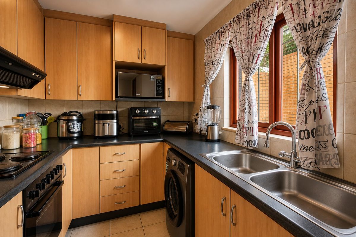 Functional kitchen featuring light wood cabinetry, dark laminate countertops, a double stainless steel sink, built-in oven, hob, and integrated laundry appliance.