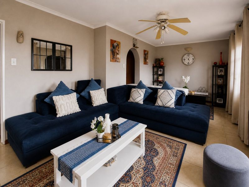 A comfortable living room featuring neutral wall tones, tiled flooring, a ceiling fan, and a distinctive architectural archway leading to adjacent spaces.