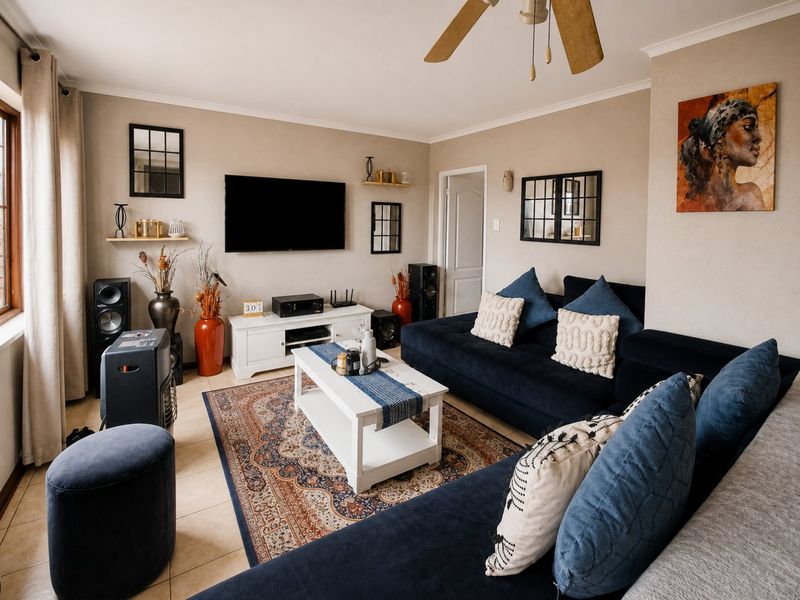 A comfortable living room featuring tiled flooring, a ceiling fan, and neutral wall finishes, providing a functional and inviting space.