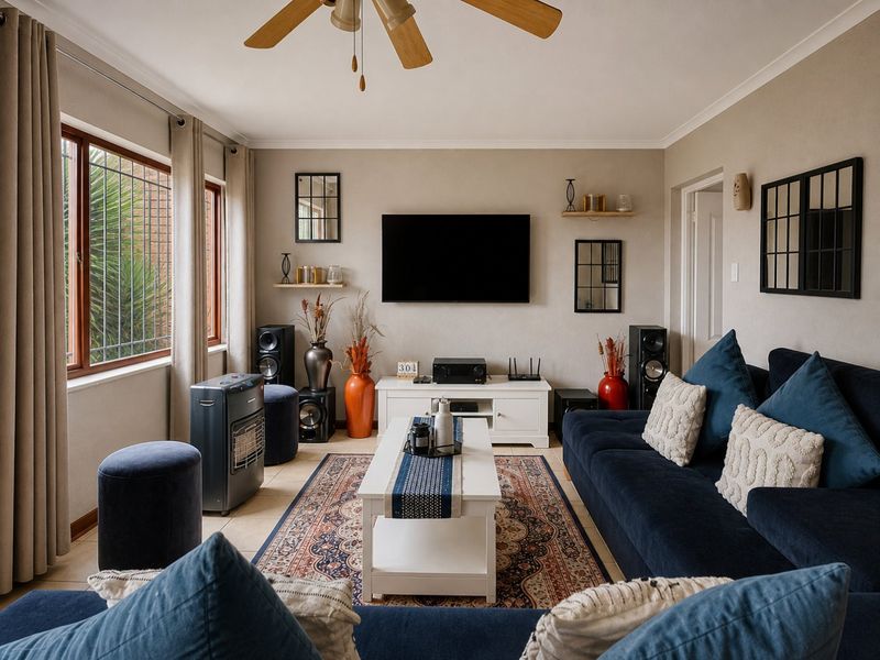 A comfortable living room featuring tiled flooring, a ceiling fan, and large windows with security bars, providing a well-maintained and functional space.