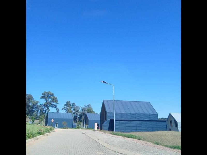 A street view showing modern residential houses with dark metal roofing and timber cladding along a paved road.
