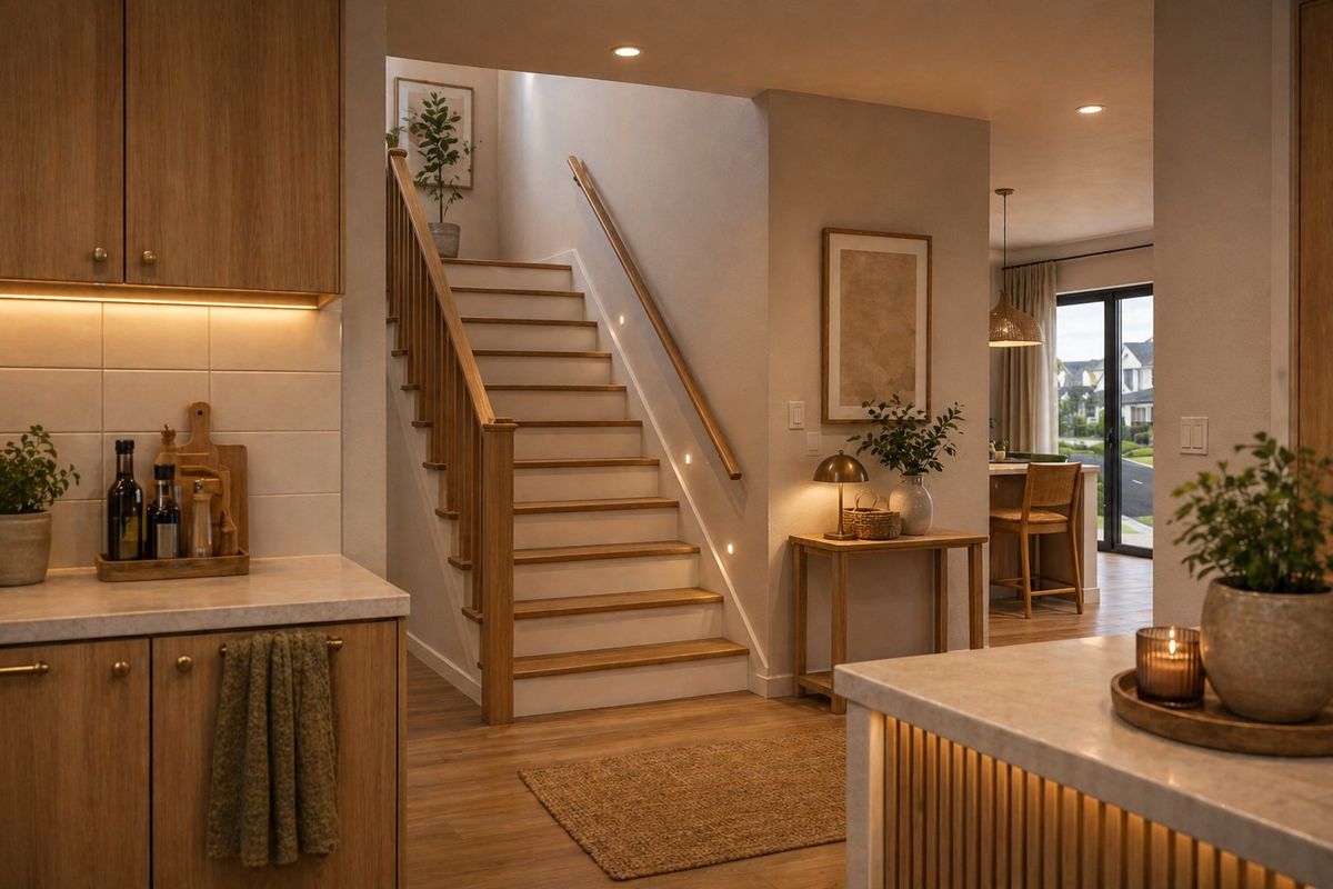 A beautifully designed open-plan interior featuring a modern timber staircase, high-quality stone kitchen countertops, and warm integrated lighting throughout the living space.