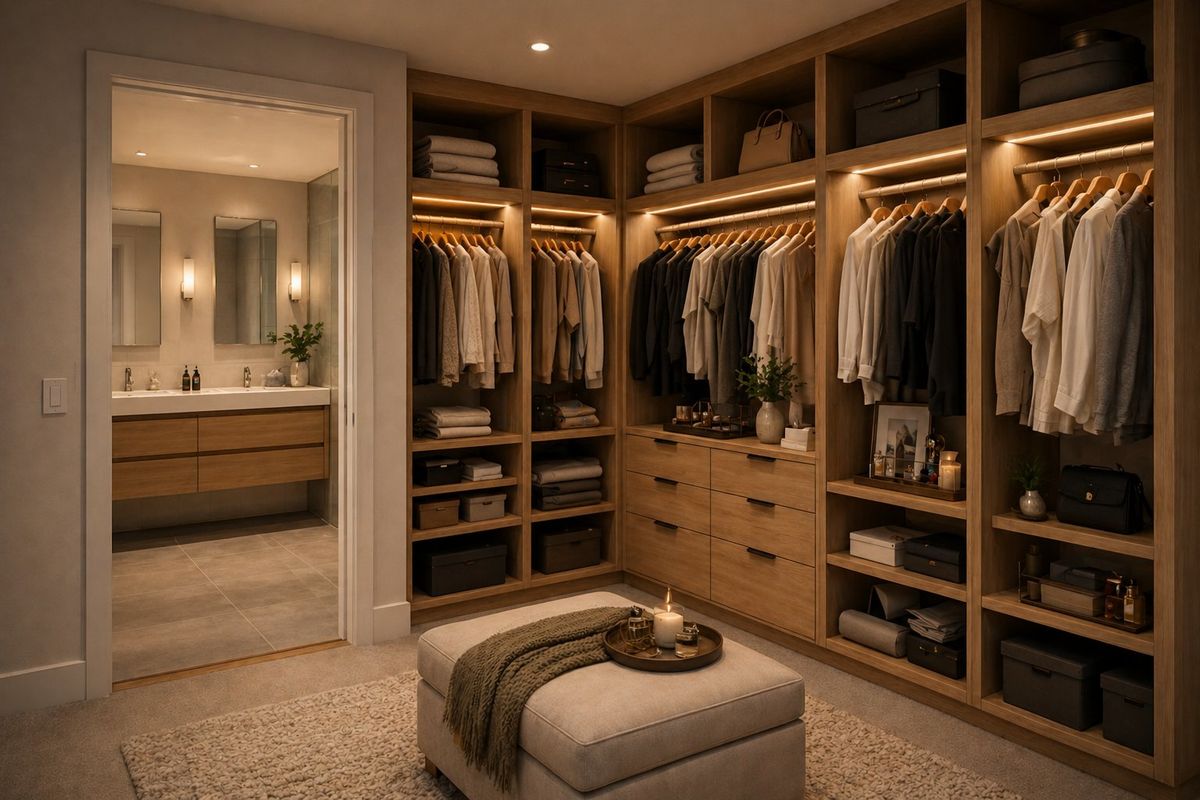 A luxurious walk-in wardrobe featuring custom timber cabinetry with integrated lighting, leading directly into a modern en-suite bathroom with a double vanity.