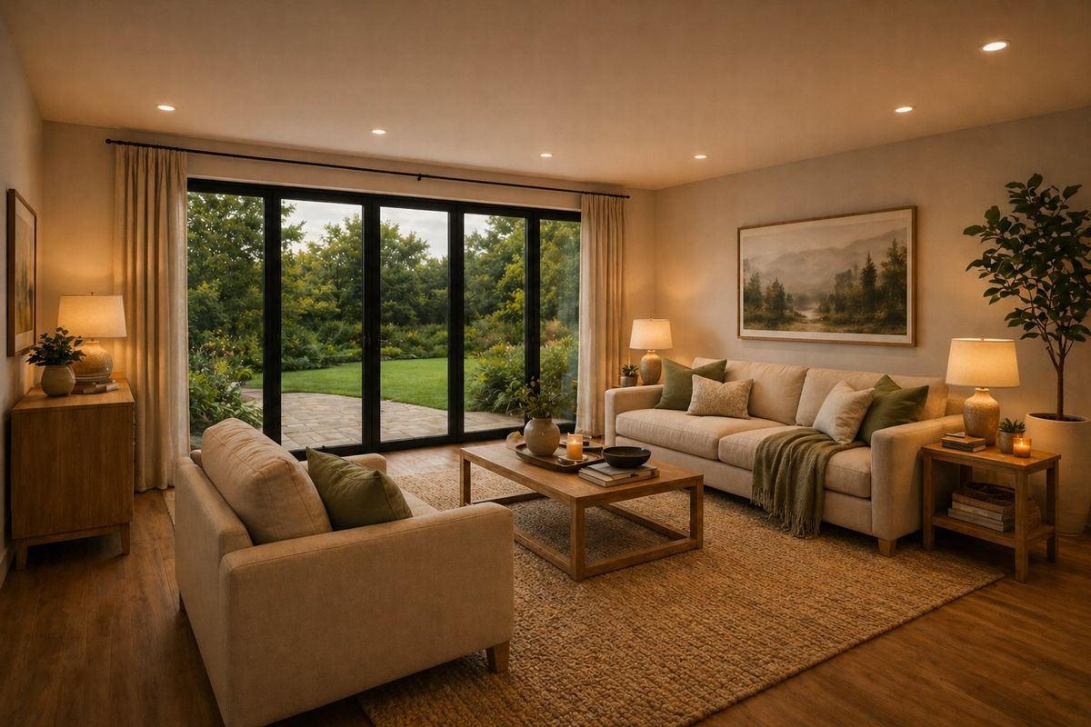 A well-lit living room featuring hardwood floors, recessed lighting, and large black-framed sliding glass doors that provide a seamless view of the garden.