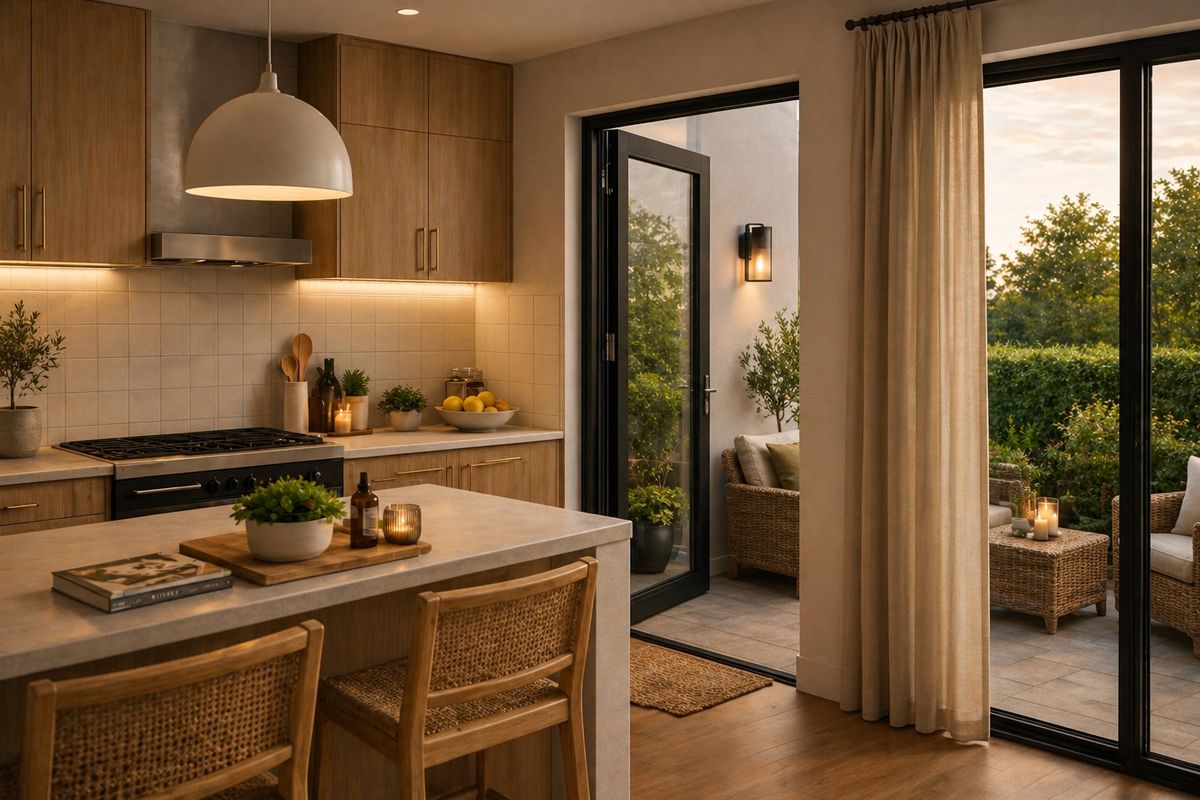 Modern kitchen featuring wood cabinetry, stone countertops, a central island, and seamless access to an outdoor patio area through large glass sliding doors.