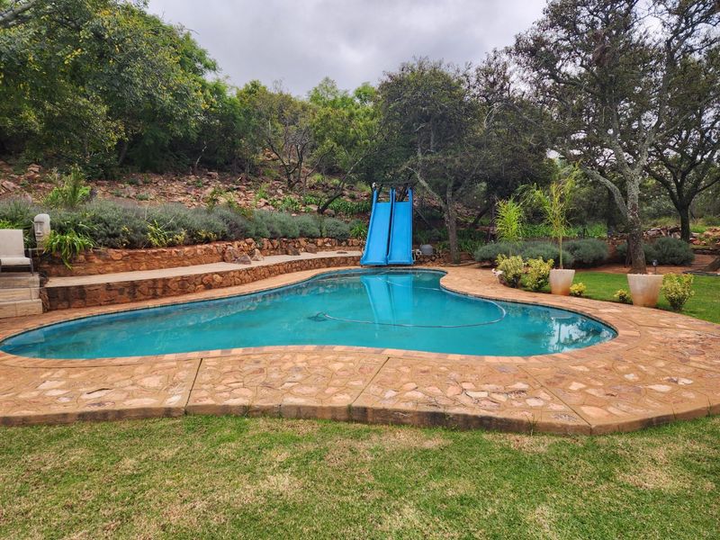 A landscaped outdoor pool area featuring a free-form swimming pool, a built-in slide, and natural stone retaining walls set against a lush garden backdrop.