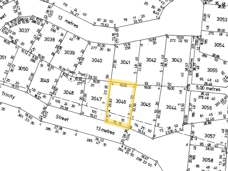 A detailed cadastral survey map showing the layout and dimensions of multiple residential land plots.