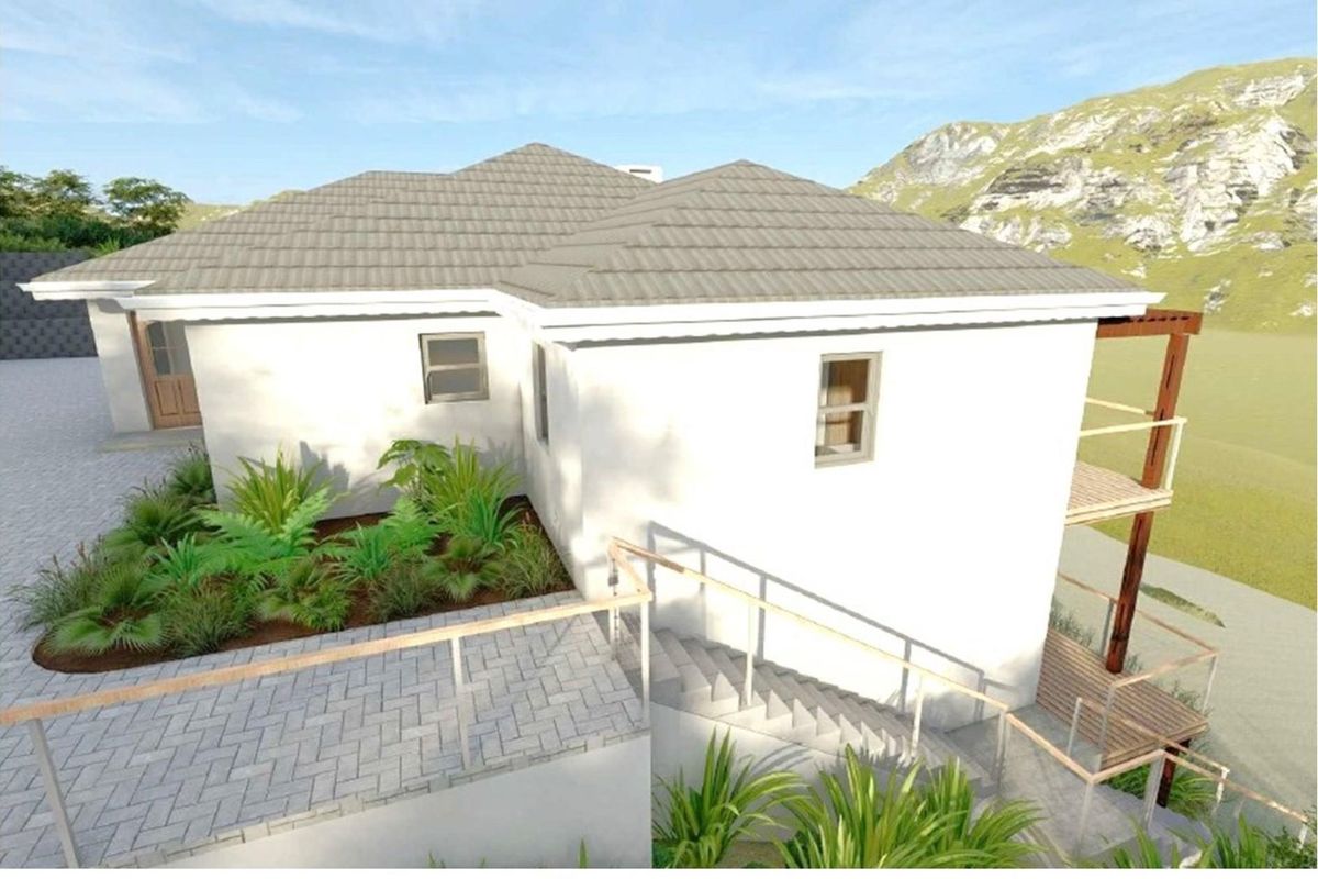 A 3D architectural rendering of the rear exterior of a residential property, featuring a tiled roof, paved pathways, and timber decking.