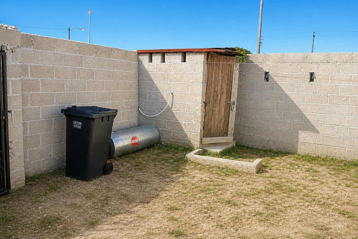 An outdoor utility area featuring a small block-built structure with a wooden door, enclosed by cinder block boundary walls.