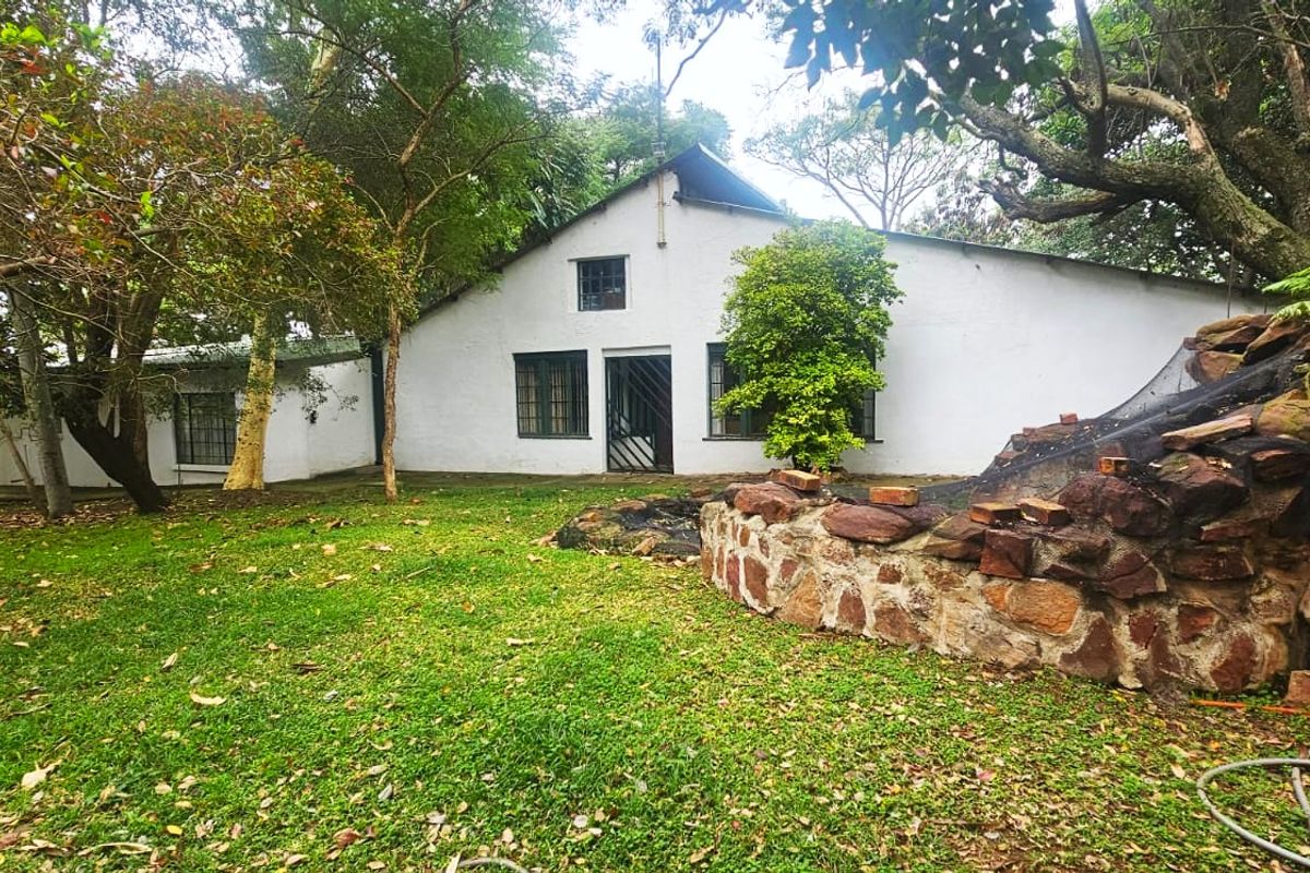 Rear view of a farm-style dwelling featuring white painted walls, metal window frames, and a stone retaining wall set within a mature garden.