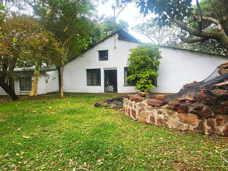 Rear view of a farm-style dwelling featuring white painted walls, metal window frames, and a stone retaining wall set within a mature garden.