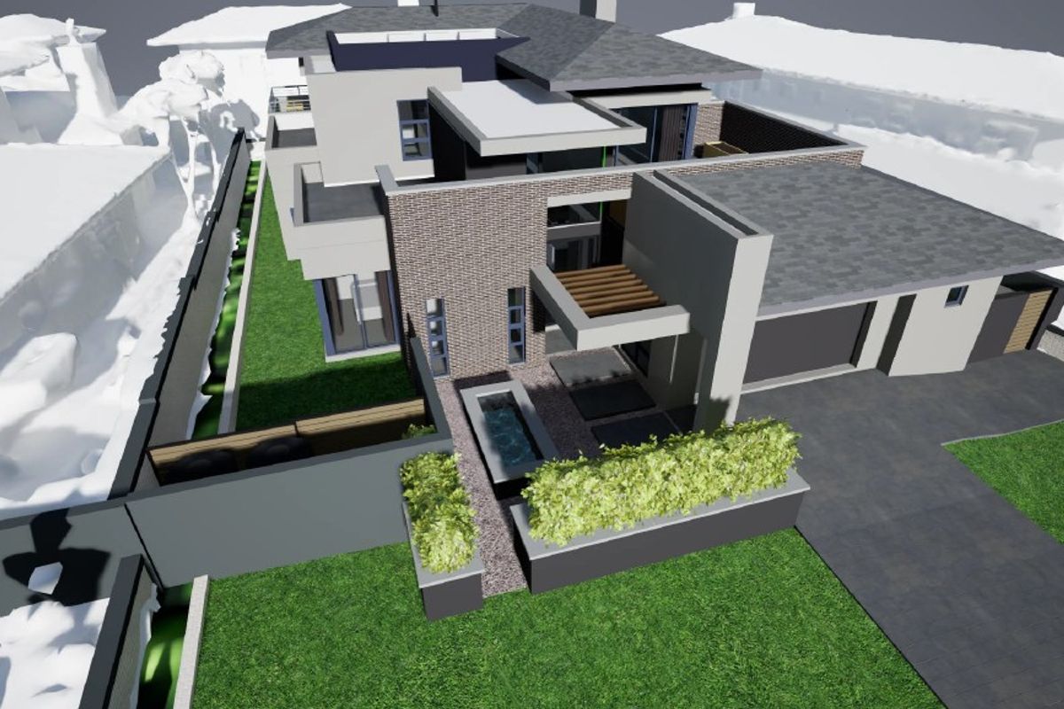 A 3D architectural rendering showing an aerial perspective of a modern residential property featuring a brick facade, garage, and landscaped garden.