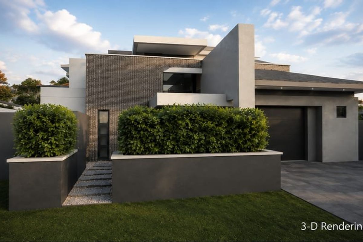 A modern architectural front elevation featuring a combination of brick and smooth render finishes, a paved driveway, and a clean, landscaped entrance.