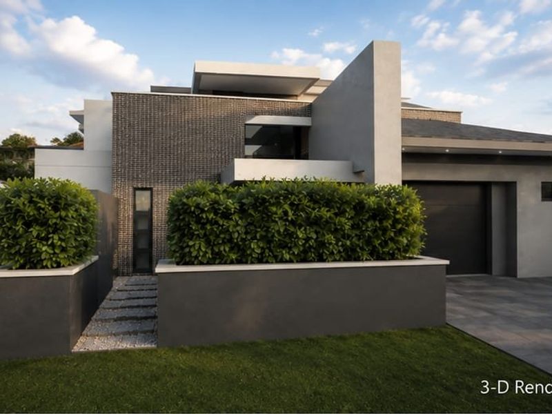 A modern architectural front elevation featuring a combination of brick and smooth render finishes, a paved driveway, and a clean, landscaped entrance.