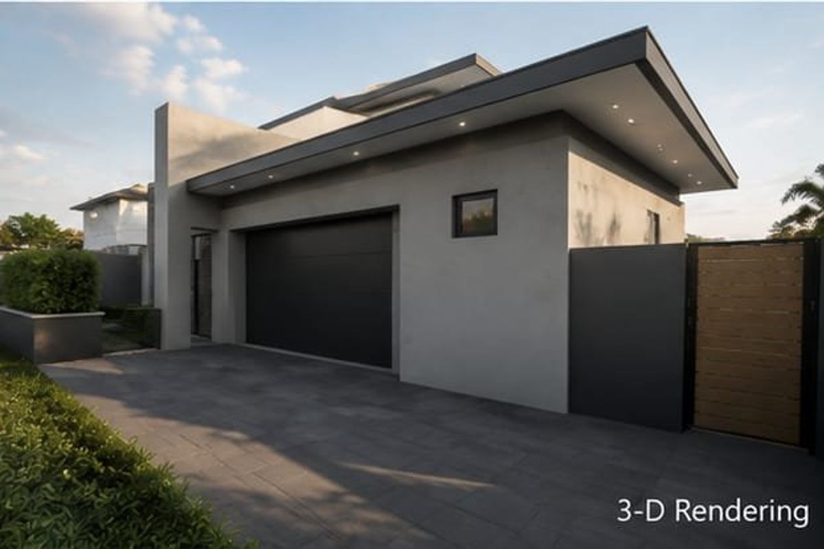 Modern exterior front elevation featuring a sleek garage door, rendered facade, recessed lighting, and a timber pedestrian gate.