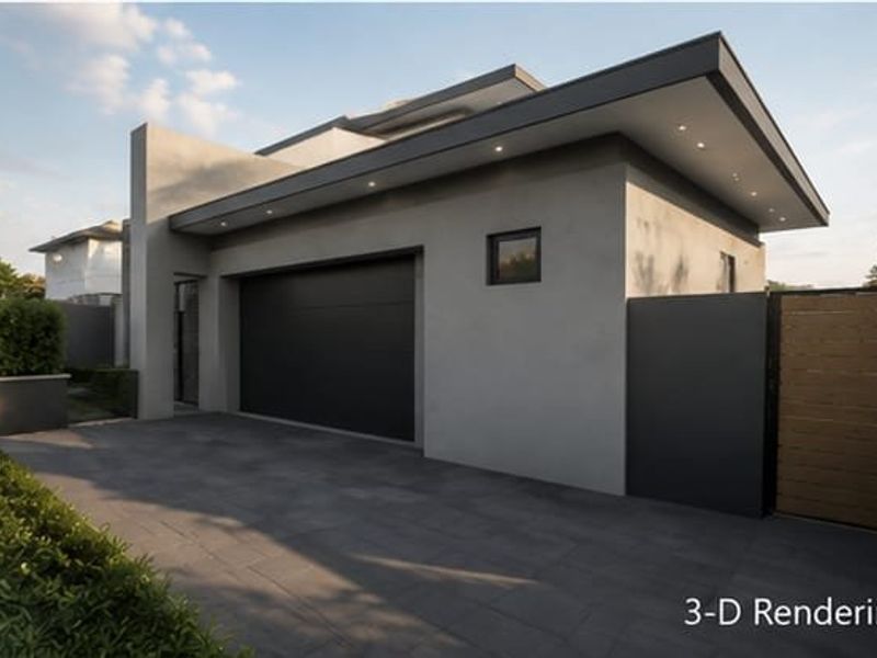 Modern exterior front elevation featuring a sleek garage door, rendered facade, recessed lighting, and a timber pedestrian gate.