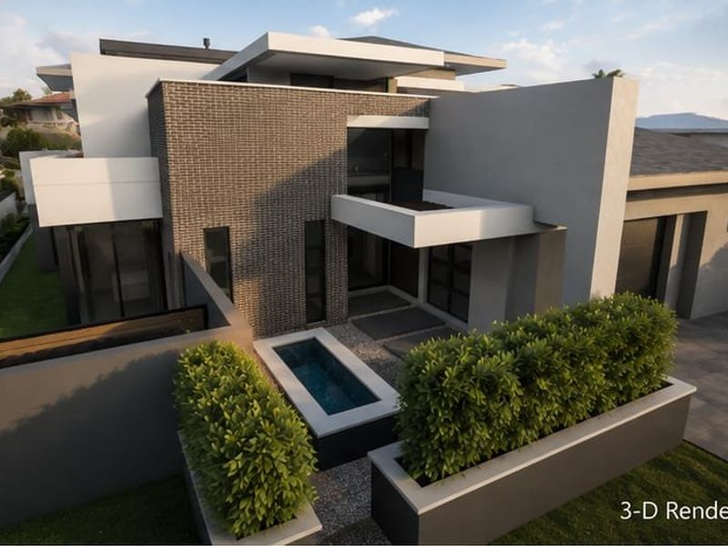 Modern architectural house exterior featuring a striking brick facade, flat roof design, integrated planter boxes, and a sleek front water feature.