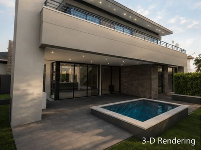 Modern outdoor living area featuring a sleek plunge pool, tiled patio, and a spacious upper-level balcony with contemporary architectural finishes.