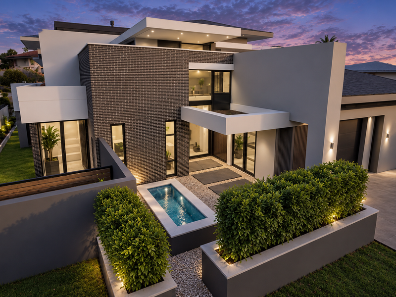 A stunning modern architectural home featuring a sleek brick and render facade, a private plunge pool, and beautifully landscaped front garden at dusk.