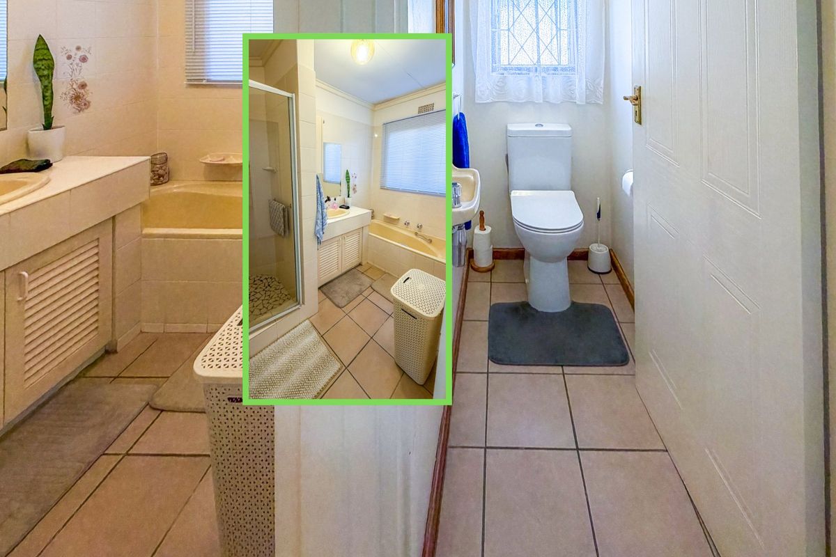 A dated bathroom featuring a built-in bathtub, separate shower enclosure, and a separate toilet area with tiled flooring throughout.