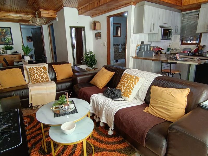 Open-plan living area featuring a timber ceiling and an adjoining kitchen with built-in cabinetry and a breakfast counter.