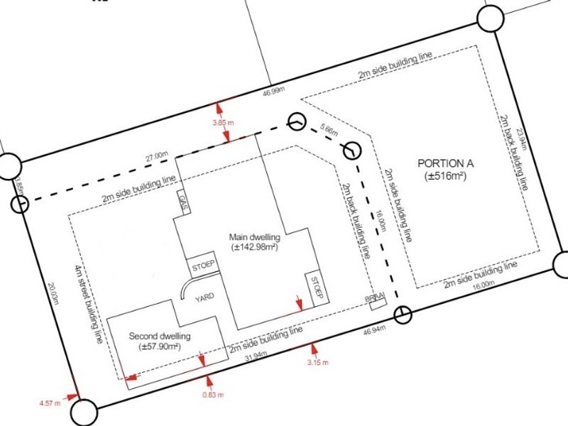 A detailed site plan showing the layout of the property, including the main dwelling, second dwelling, and designated building lines.