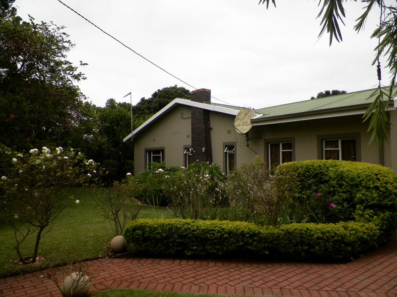 Rear view of the house featuring a brick chimney, metal roof, and a well-maintained garden with a paved walkway.