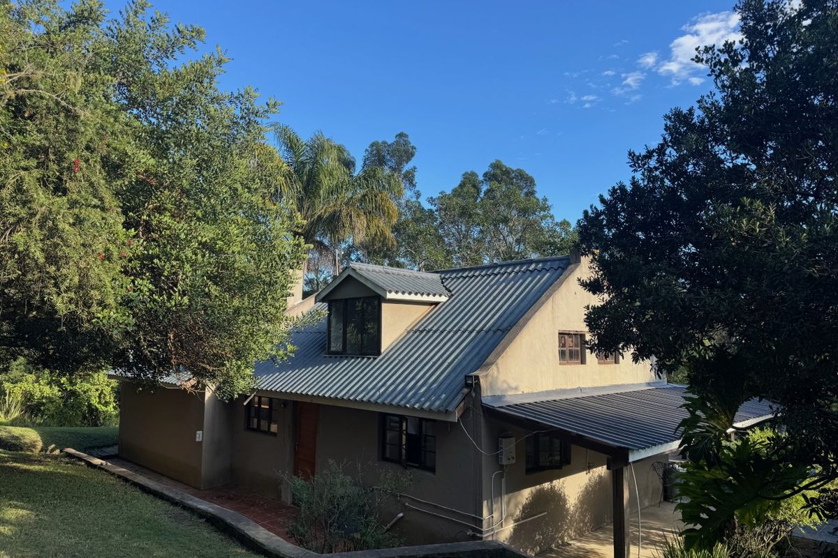 Rear view of a farm-style dwelling featuring a corrugated metal roof, a dormer window, and a covered patio area set within a landscaped garden.