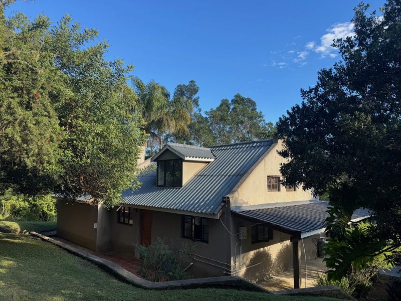 Rear view of a farm-style dwelling featuring a corrugated metal roof, a dormer window, and a covered patio area set within a landscaped garden.