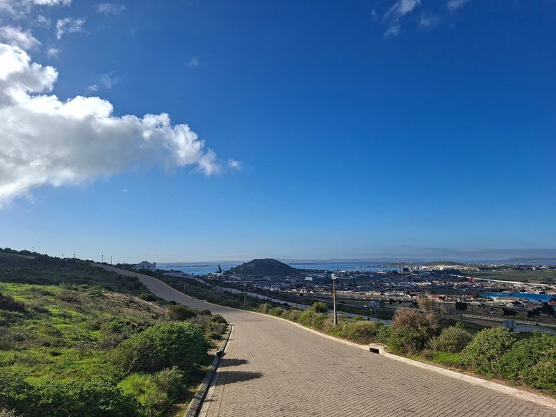 A scenic view overlooking the surrounding landscape, coastal area, and residential neighborhood from an elevated paved road.