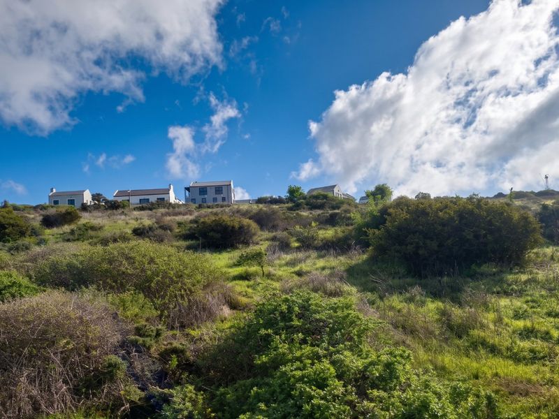 A scenic view of a sloped, undeveloped residential plot featuring natural vegetation with neighboring houses visible on the horizon.