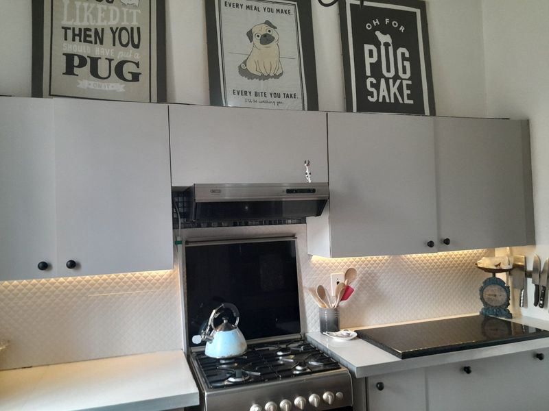 A functional kitchen featuring grey cabinetry, a gas hob with extractor fan, and a textured tile backsplash with integrated under-cabinet lighting.