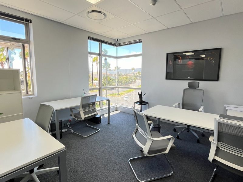 A bright, modern office space featuring corner windows with natural light, carpeted flooring, and a professional suspended ceiling layout.