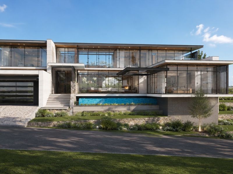 A modern luxury residence featuring extensive glass facades, stone retaining walls, terraced landscaping, and an integrated garage.